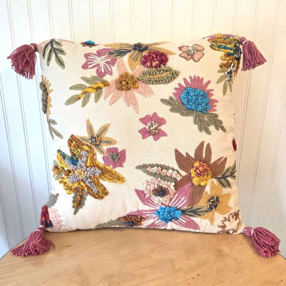 Boho Floral Needlework Pillow 21x21 Embroidered Tassel Accent Cushion